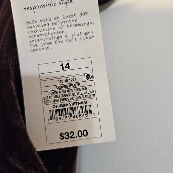 A New Day recycled polyester brown velvet velour flat front pants sz 14 NWT - Picture 5 of 9